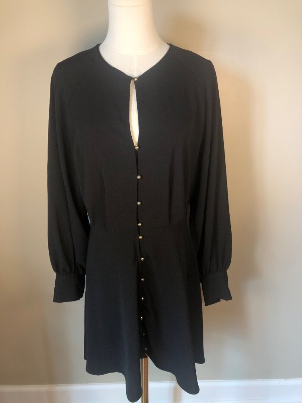 H & M Whimsigoth Black Mini Dress Long Sleeves Gold Button Accents Size M